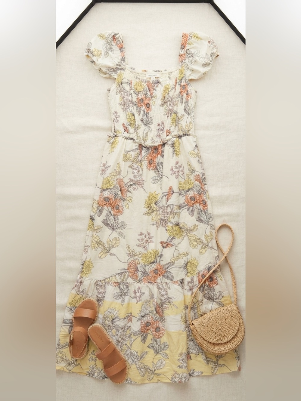 Cream Floral Midi Dress with Yellow & Orange Accents
